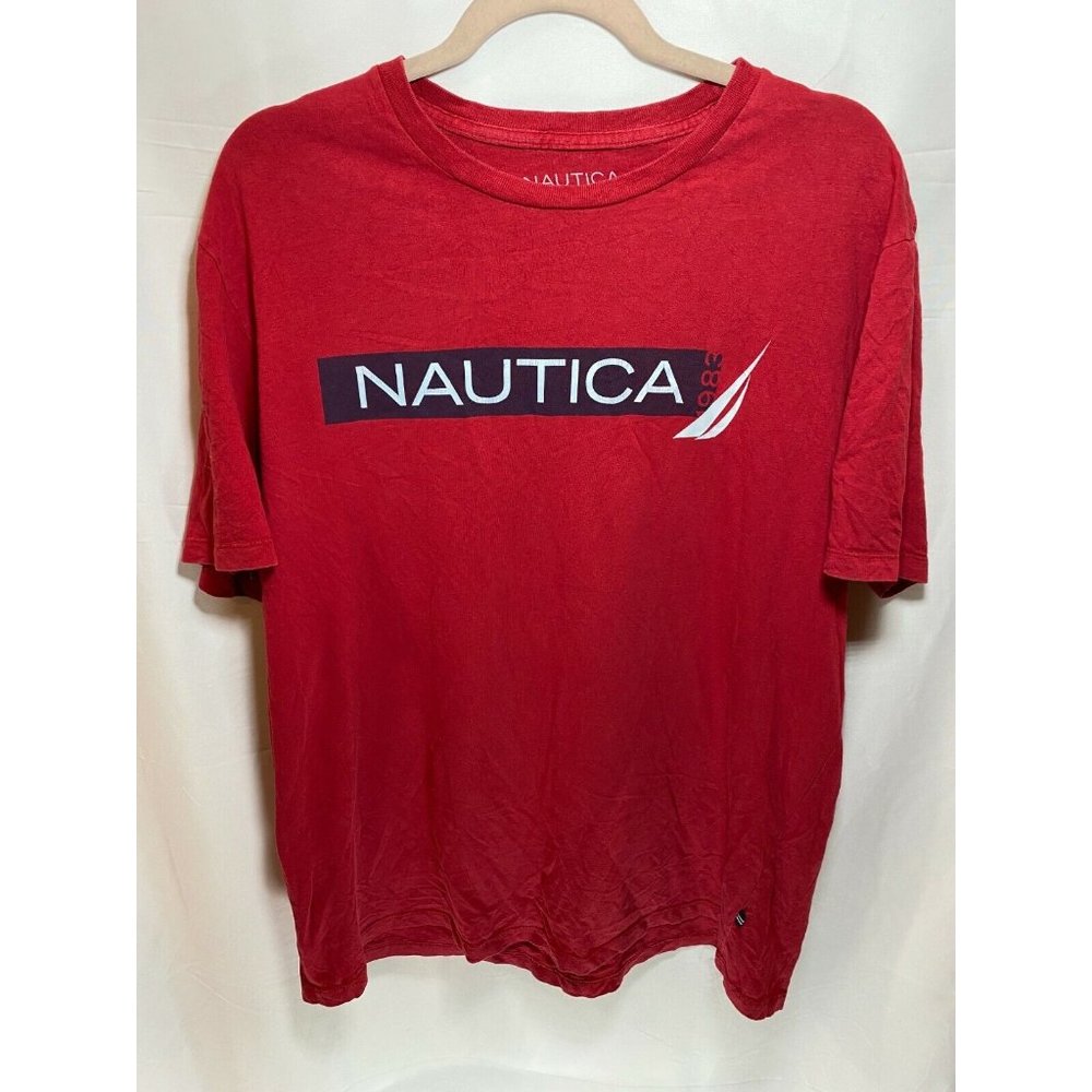 Nautica Shirt Adult Large Red Spell Out Sailboat Short Sleeve Pullover Tee Mens